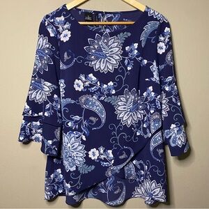 New Directions Blouse Women Medium Navy Blue Paisley Floral Tiered Flare Sleeves